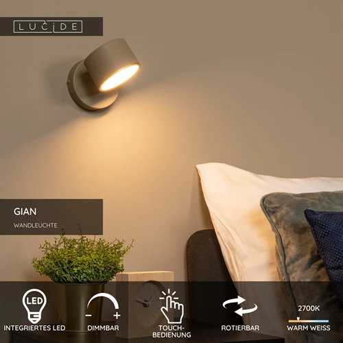 Lucide GIAN - Wandleuchte - LED Dim. - 1x9W 2700K - Taupe - USP